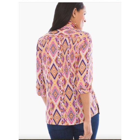 Chicos 3 Womens Ikat Linen Button-Back no iron Shirt blouse 3/4 sleeve Size XL - Picture 6 of 16